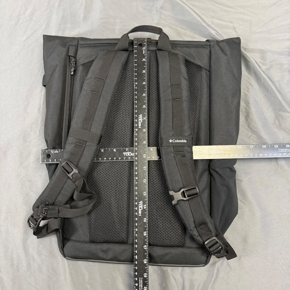 Columbia Black Roll Top Backpack Unisex Padded Straps Side Access Hiking Bag